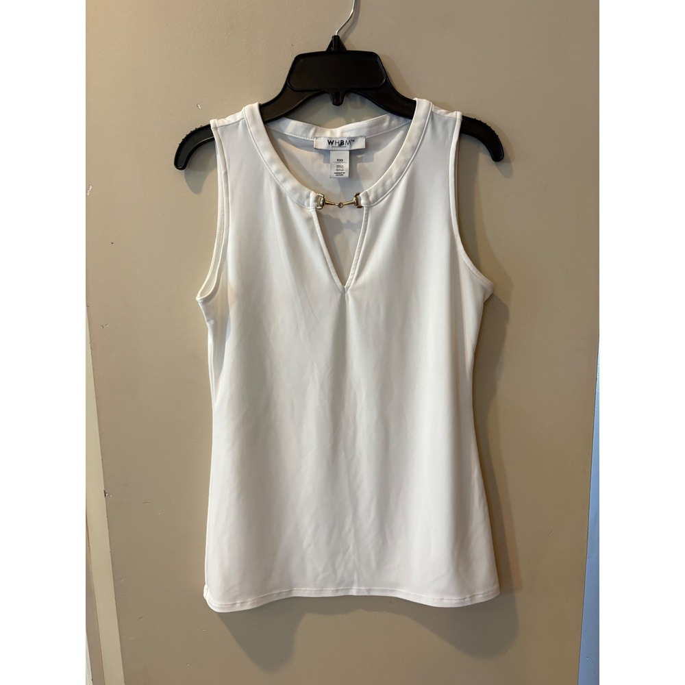 NWOT WHBM White Sleeveless Matte Jersey Top Gold Bit Hardware V-Neck XXS
